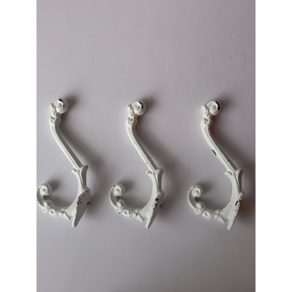Vintage Style White Painted Cast Iron Scroll Wall Hooks Set of 3 Distressed
